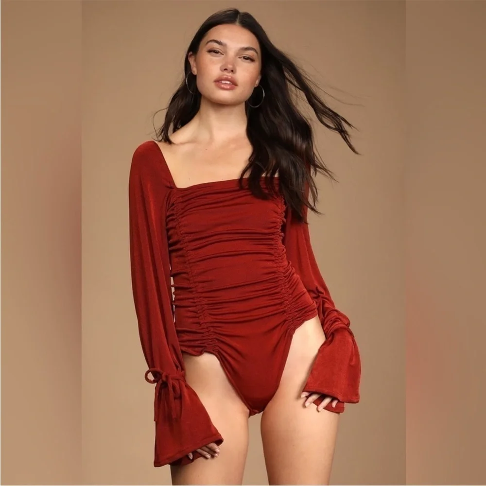 NEW Free People Meant To Be Ruched Bodysuit Cherry Chai Rust Red XL